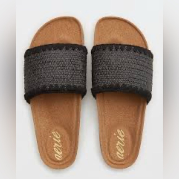 aerie Shoes - Aerie Shell Stitch Straw Slide Sandals